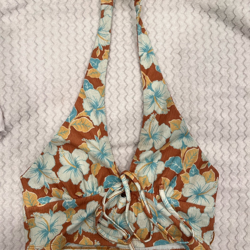 Floral Halter Top with Blue and Brown Design